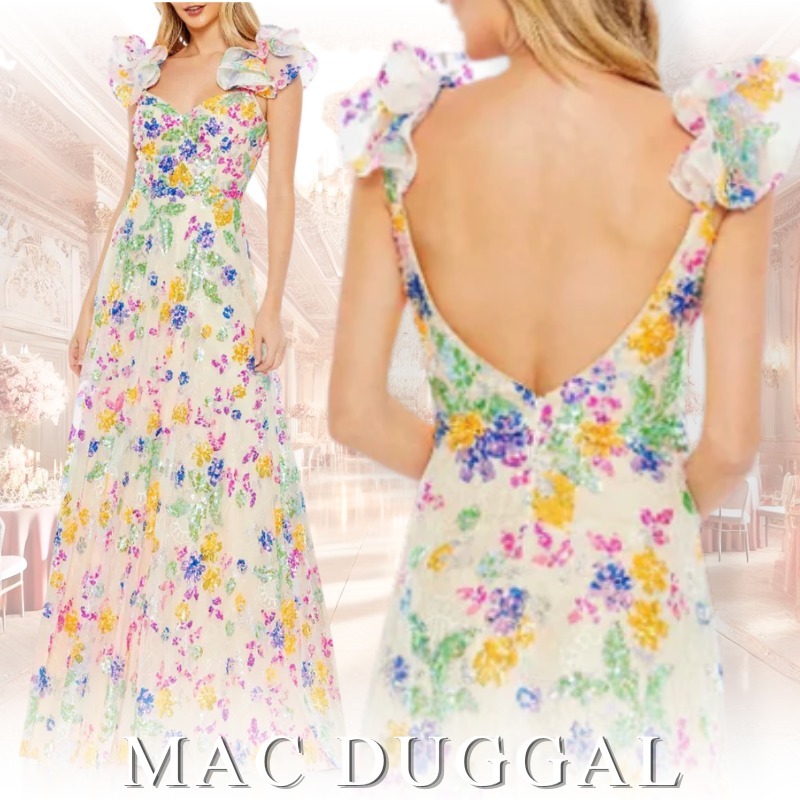 MAC DUGGAL フローラルスパンコール フリルスリーブガウン