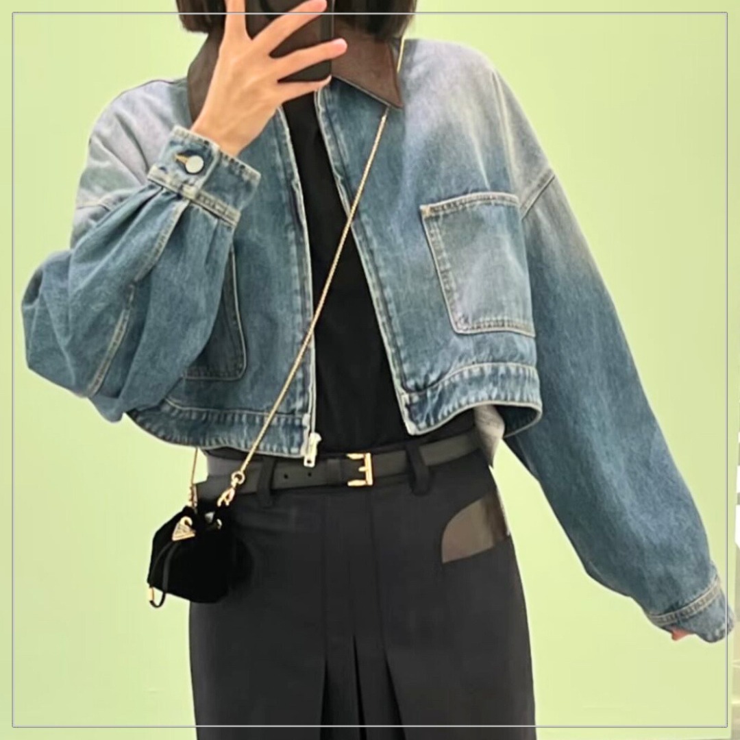 PRADA◆デニム クロップド丈 レザー襟付 ジャケット メタルロゴ