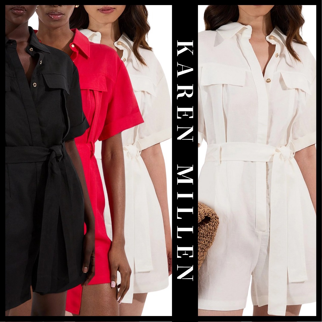 KAREN MILLEN 日本未入荷 ビスコース リネン 半袖 ベルト ミニ丈
