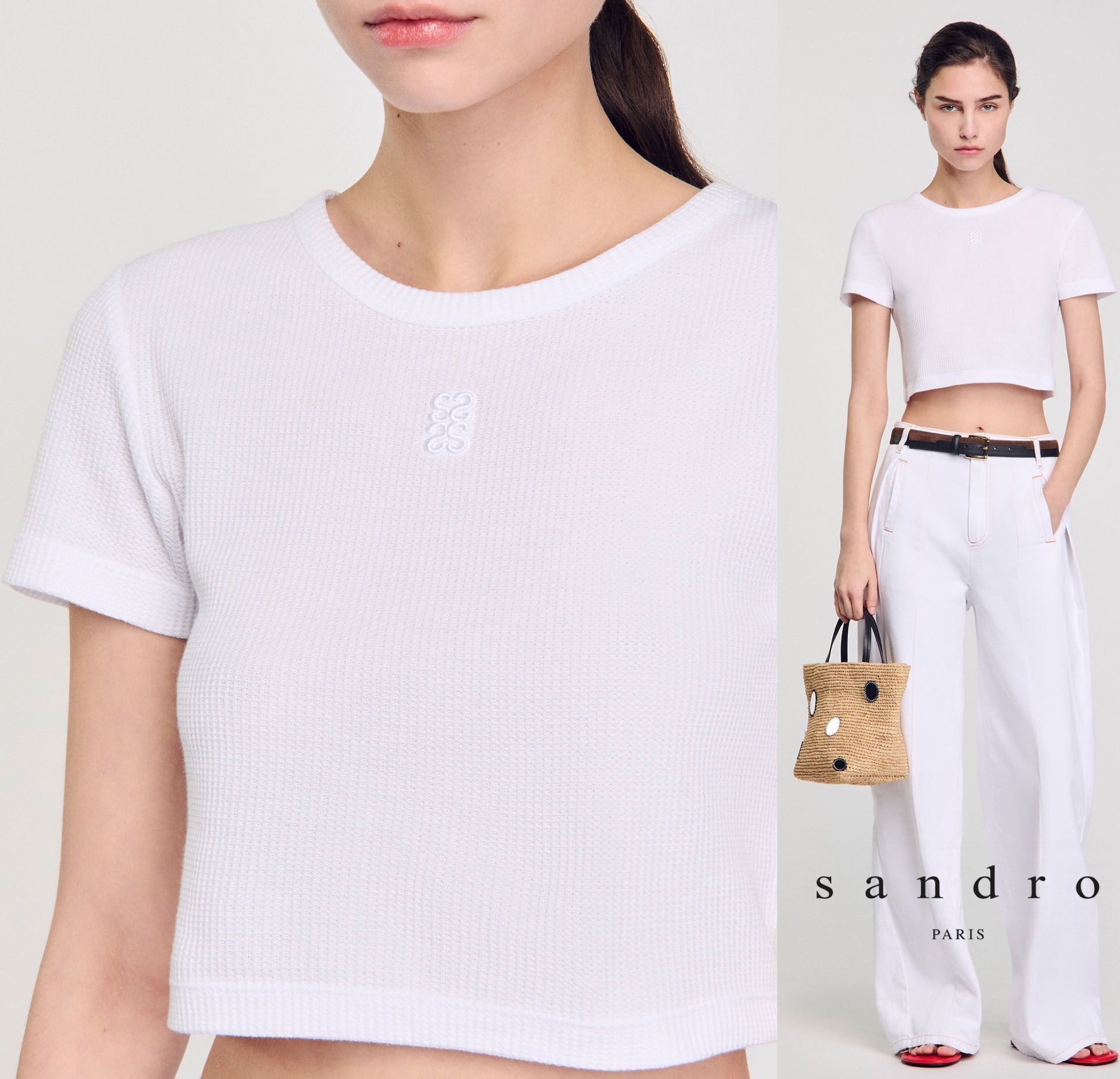 ★パリ発 sandro★ ショート丈 ロゴ刺繍 トップス Tシャツ 白