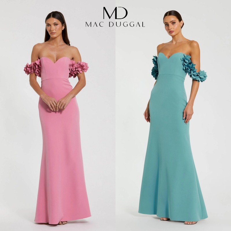 （US発）Mac Duggal 3Dフラワー付きオフショルダーガウン