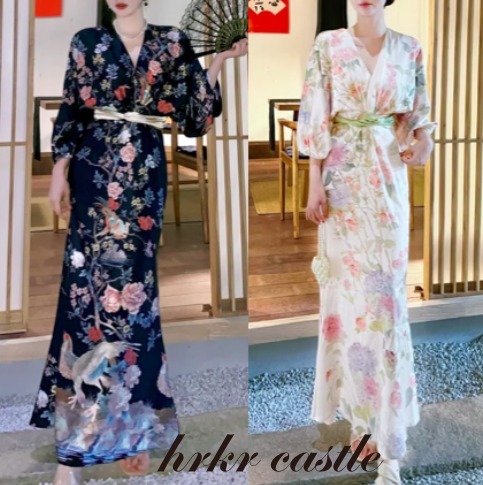 浴衣風 ドレスワンピース Vネック ロング 花柄 ランタンスリーブ