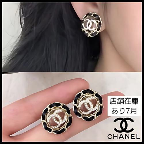 クリスタルロゴ×ブラックレザー★CHANEL ピアス