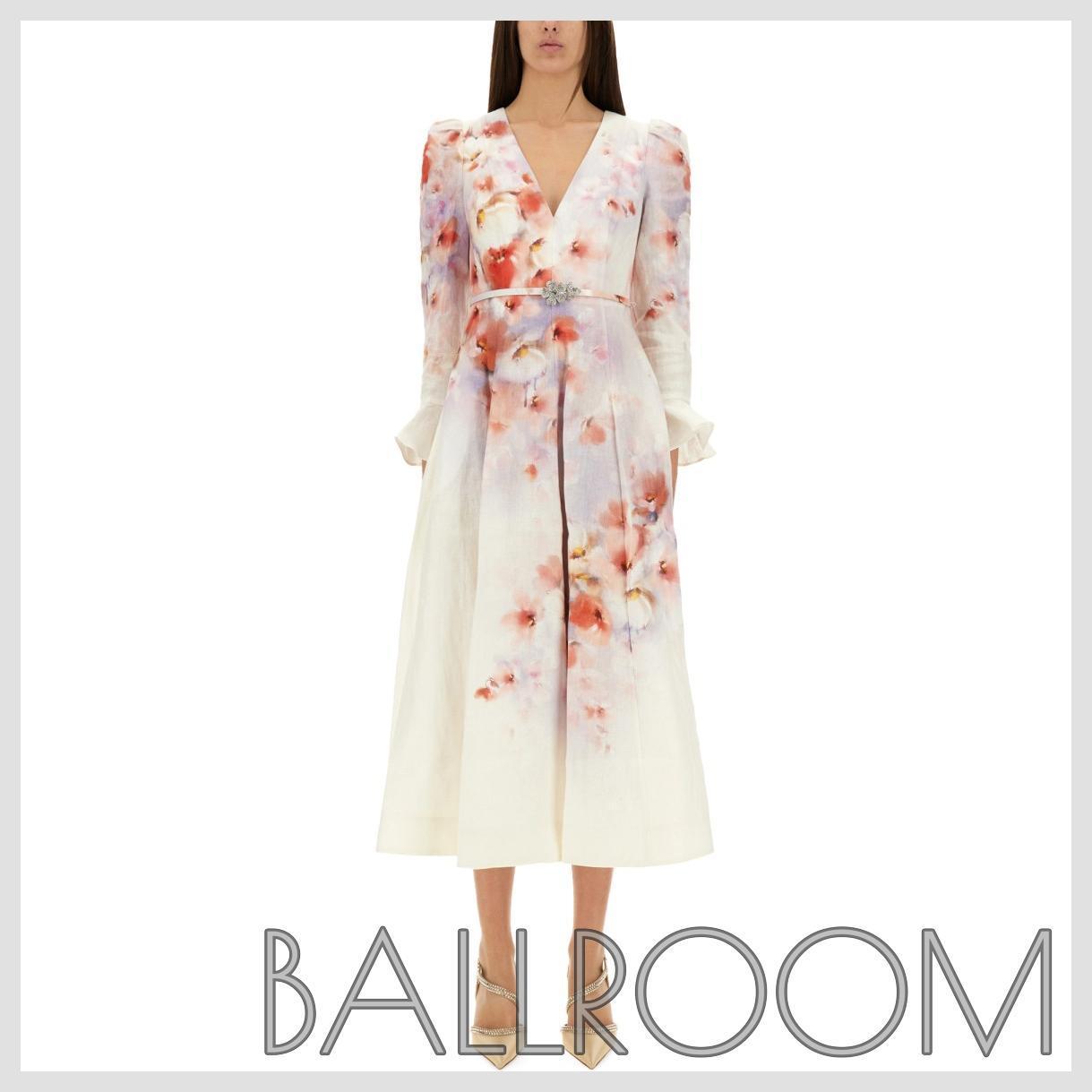 ワンピース ZIMMERMANN CRUSH LINEN LONG-SLEEVED MIDI DRESS WITH RUFFLES