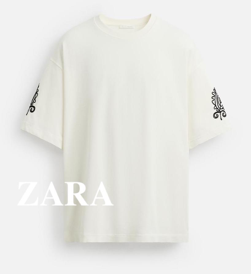 ★ドイツ発*ZARA*新作*コントラスト刺繍スリーブTシャツ/WH★
