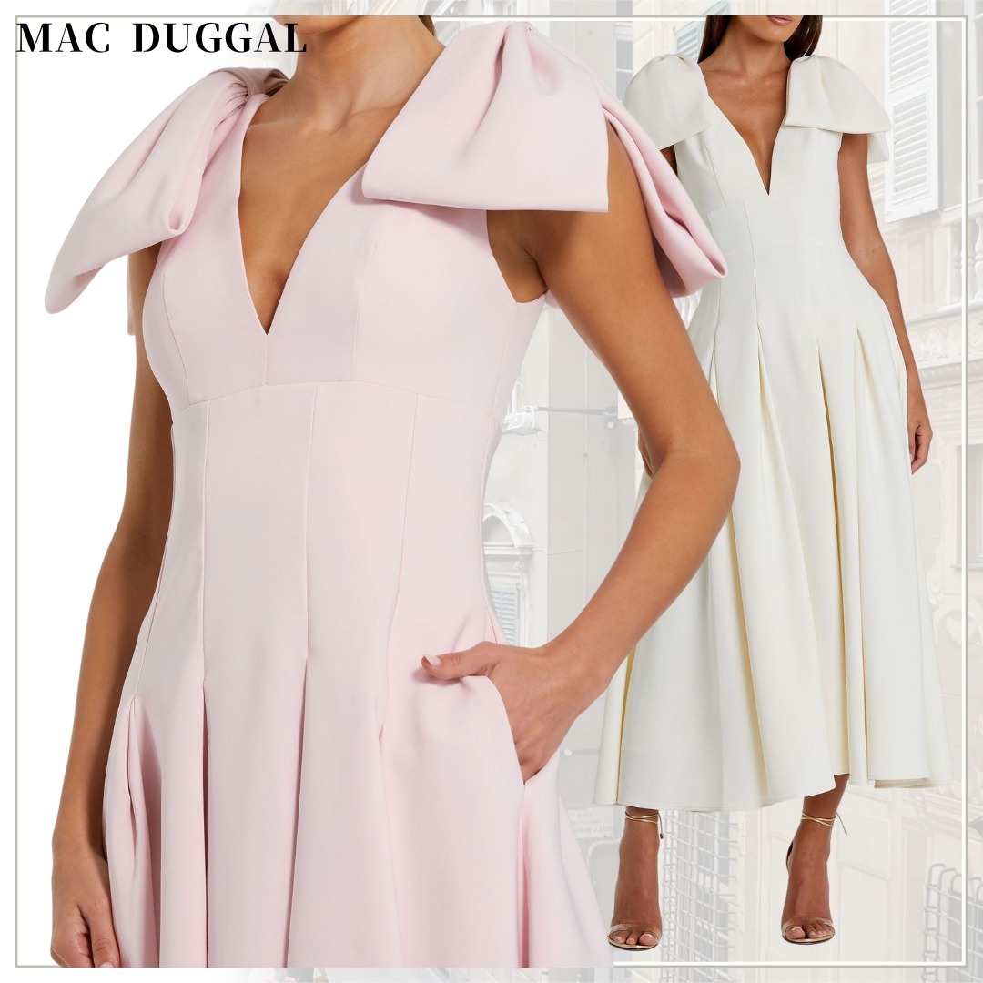 【Mac Duggal】Aライン ミディドレス ボウストラップ付き