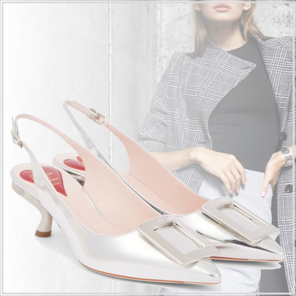気品【Roger Vivier】メタリックレザー スリングバックパンプス