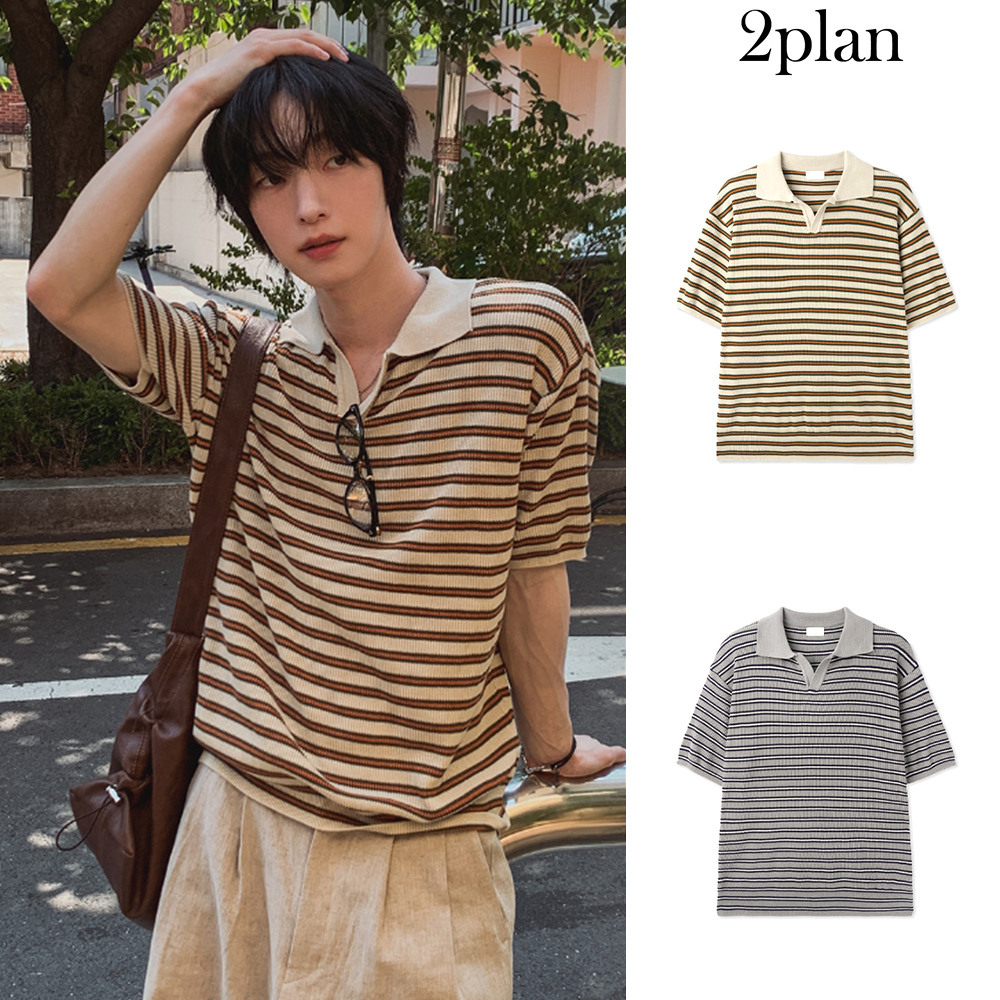 【2plan】Casey color blocking short sleeve knit