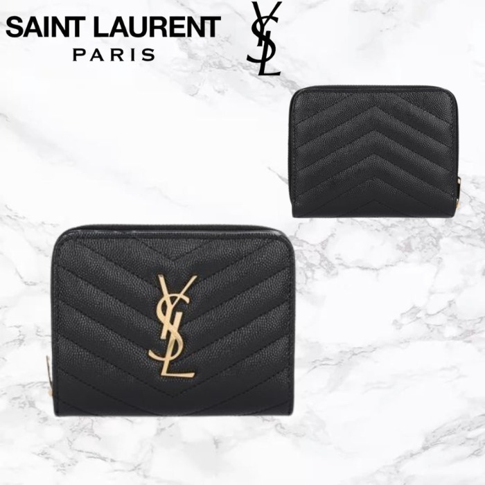 折りたたみ財布 SAINT LAURENT Compact Monogram Quilted Zipper Wallet Bla