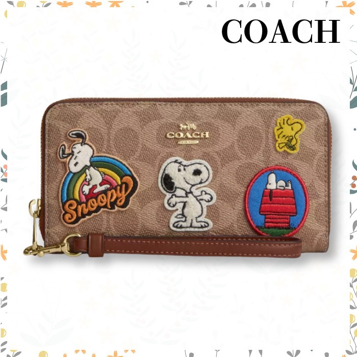 スヌーピーパッチ♪【COACH】ジップラウンド長財布 スマホ収納可
