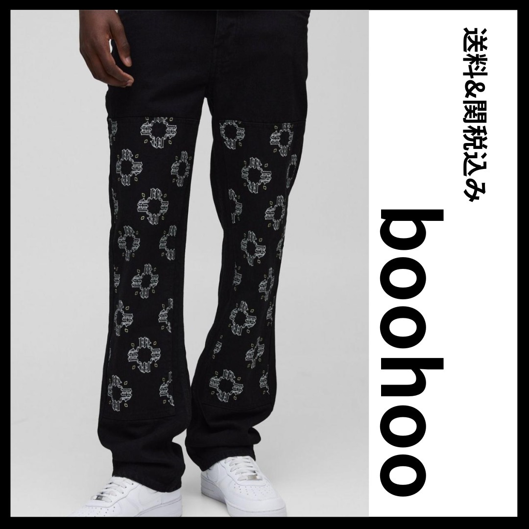 《boohoo》レッグフローラル刺繍カーペンタージーンズ