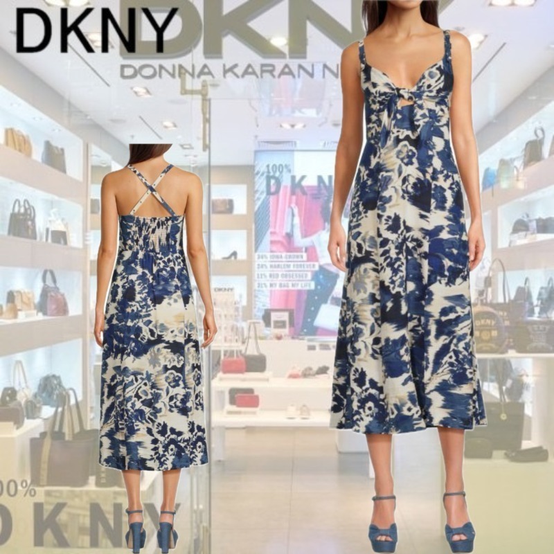 【DKNY】タイフロントアブストラクトプリントAラインミディ