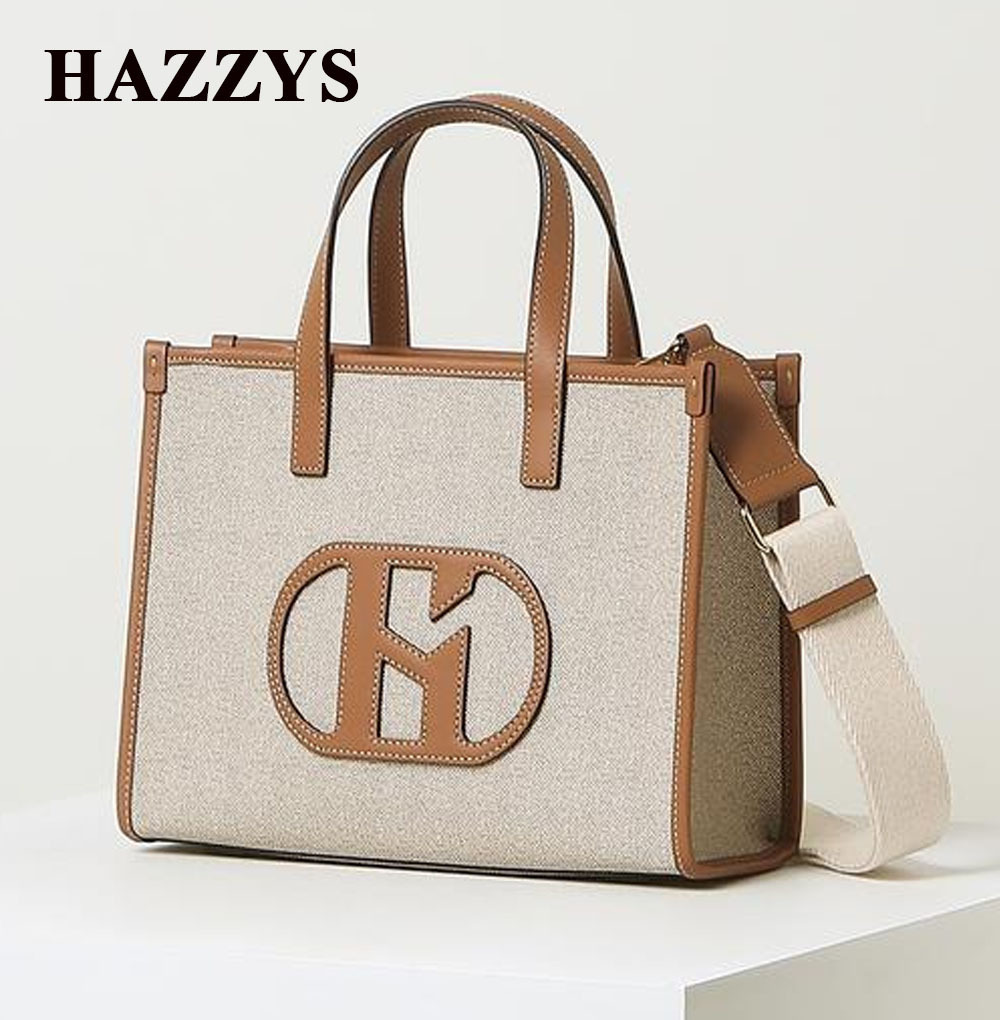 HAZZYS ■ベージュ レザー 配色 ミディアムバッグ