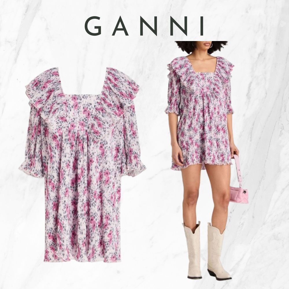 【Ganni】ピンク クレポン ミニワンピース シャーリング 花柄