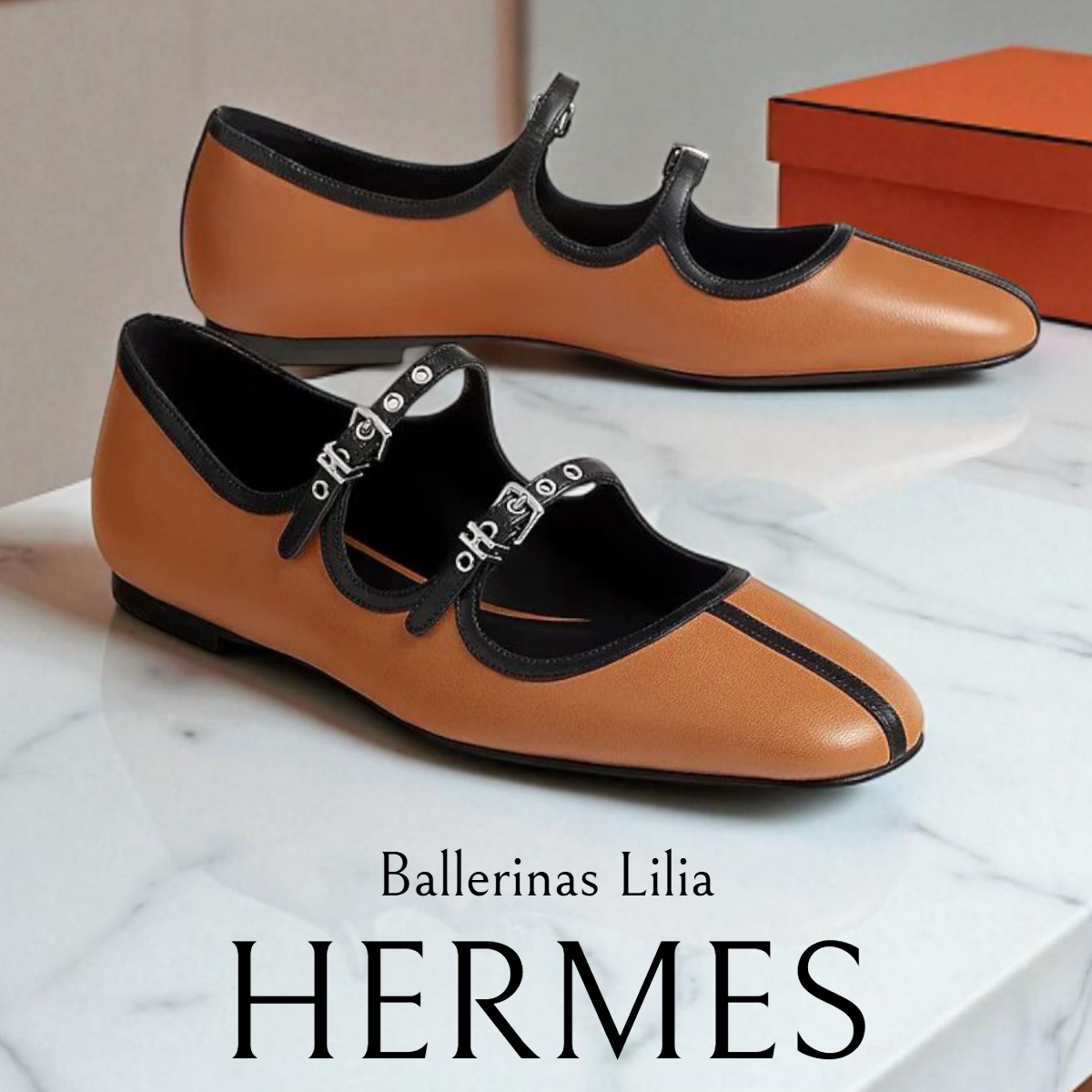 *HERMES*ストラップ バレリーナパンプス Lilia リリア ブラウン