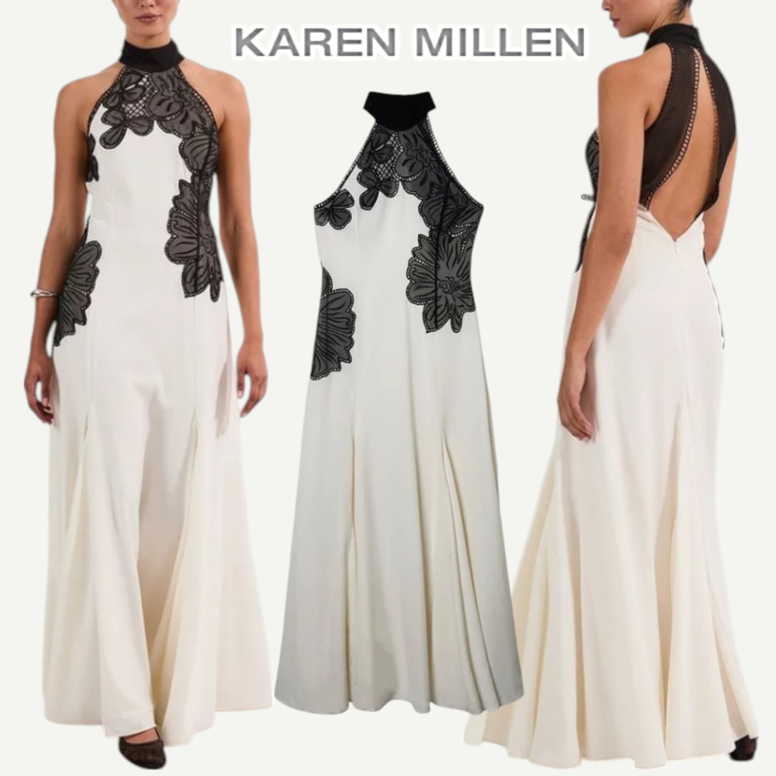 【KAREN MILLEN】ホルターネック 刺繍 クレープマキシドレス