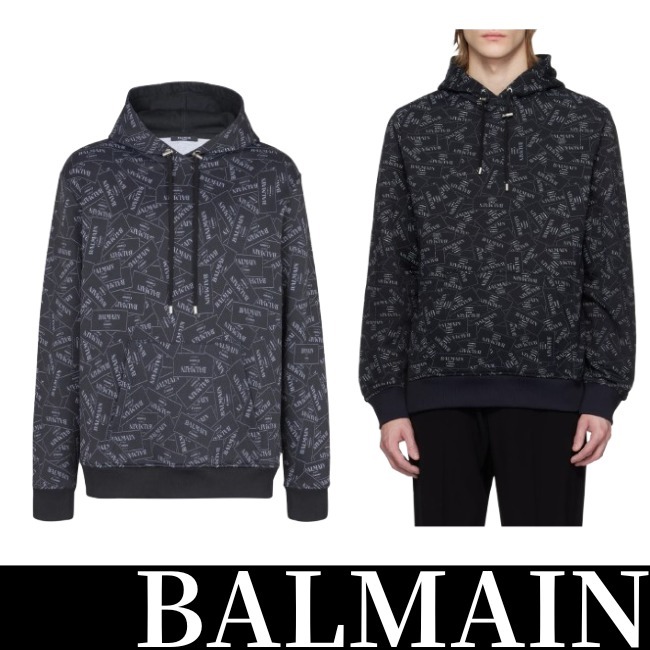 送料関税込【BALMAIN】All-Over Logo Label プリントパーカー