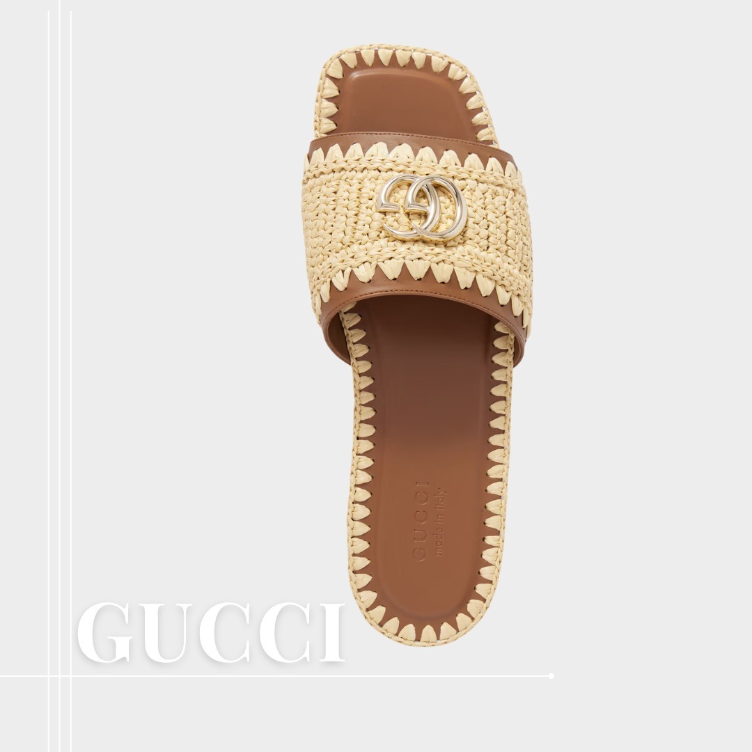 【GUCCI】レザー×ラフィア スライドサンダルナチュラル
