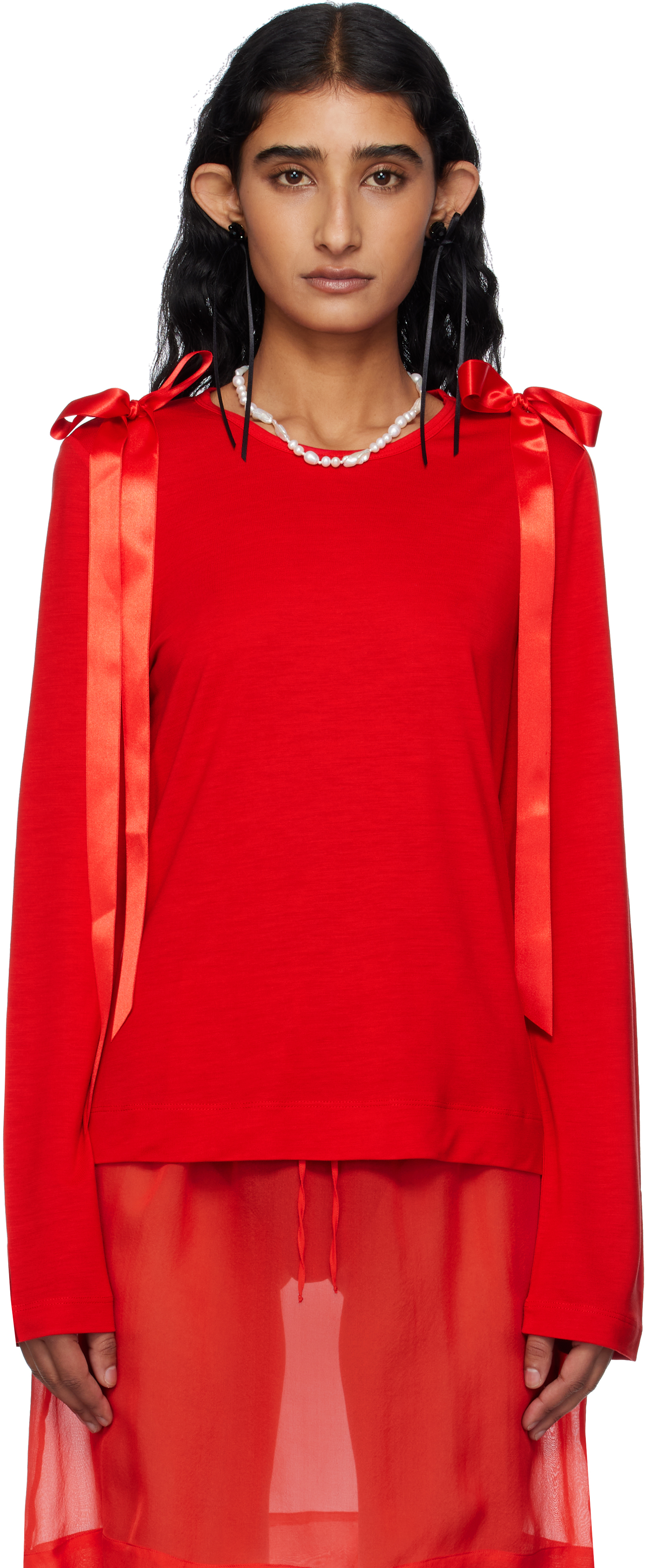 【関税込み】Simone Rocha レッド Bow Ribbon Tail 長袖Tシャツ