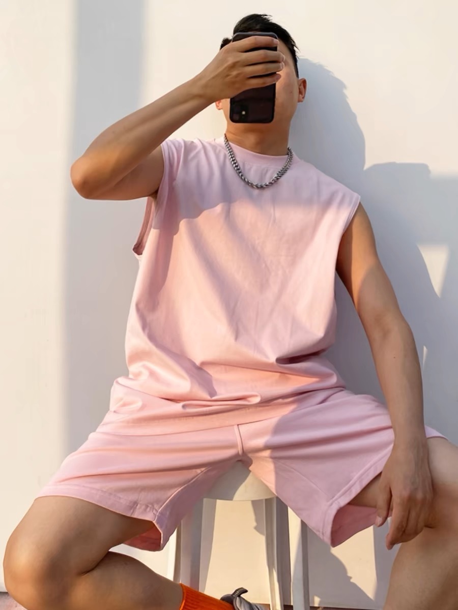 メンズ無地上下セットノースリーブTシャツショートパンツ夏