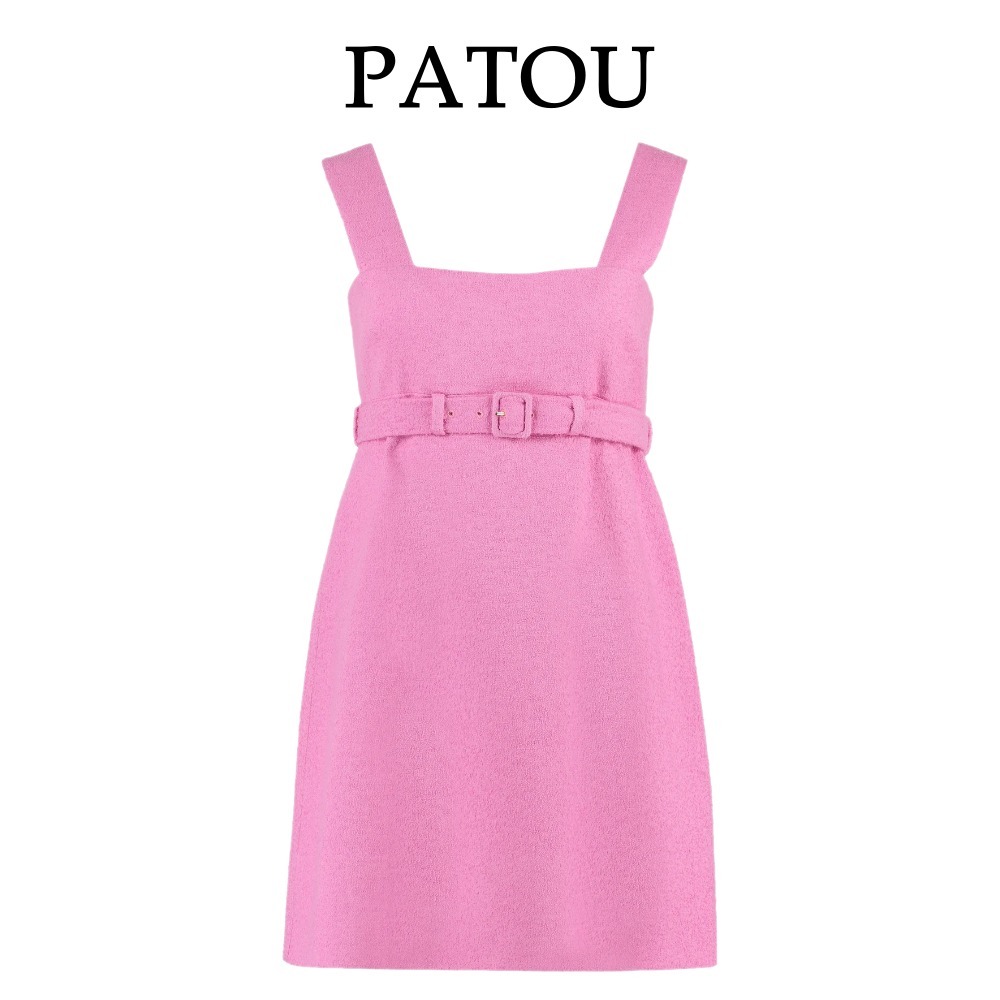 【Patou】コサージュ ノースリーブ ベルト付き ミニドレス