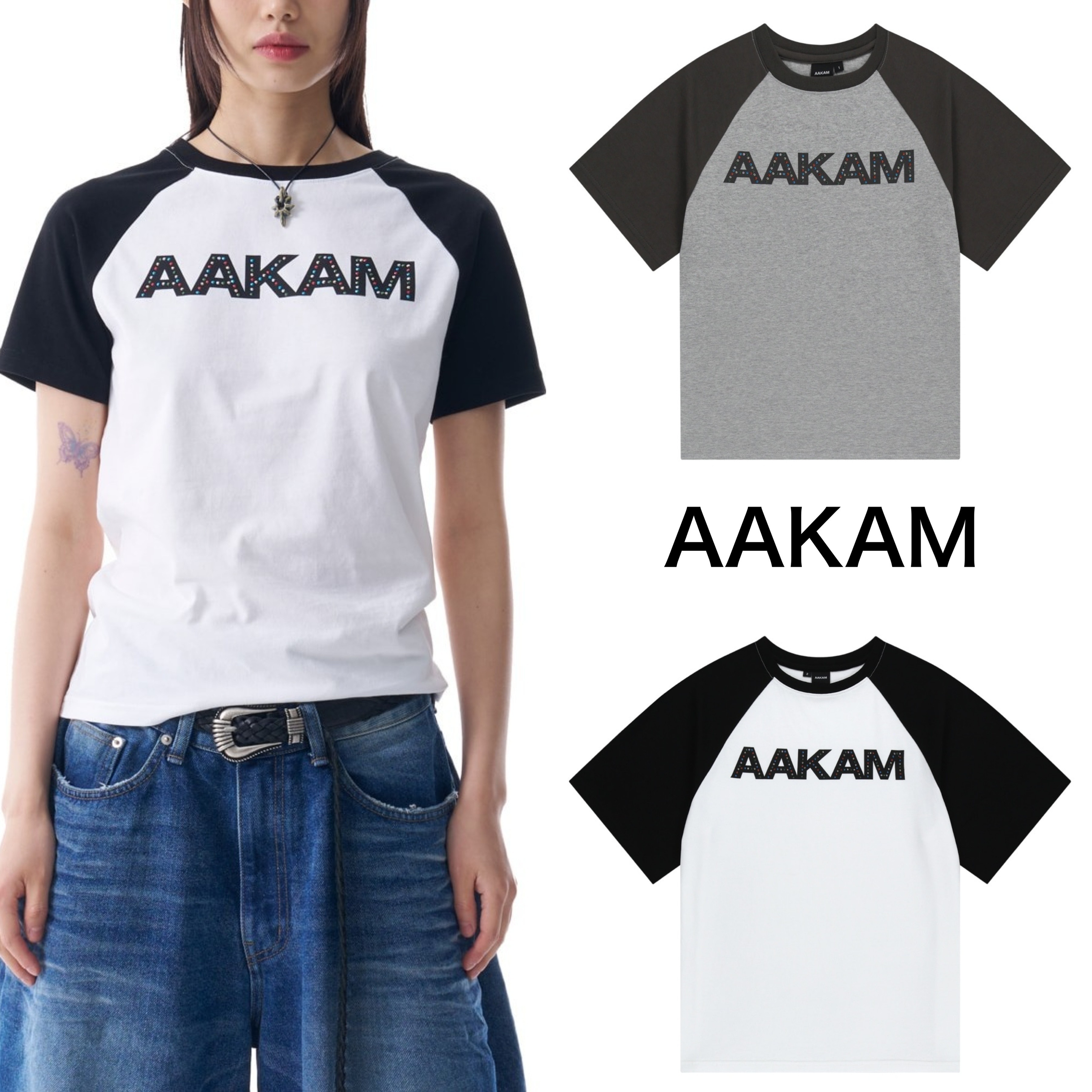 【AAKAM】AKM Rhinestone Raglan Half Top