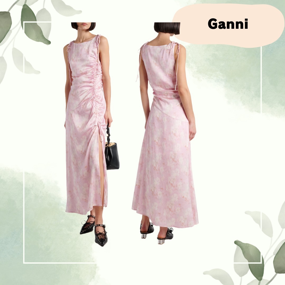 送・関税負担なし◆Ganni◆花柄ギャザーサテンミディドレスSALE