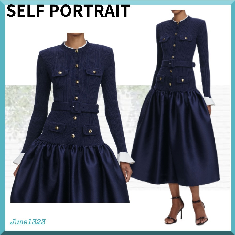 国内配送【SELF PORTRAIT】ネイビー ニット タフタ ミディドレス
