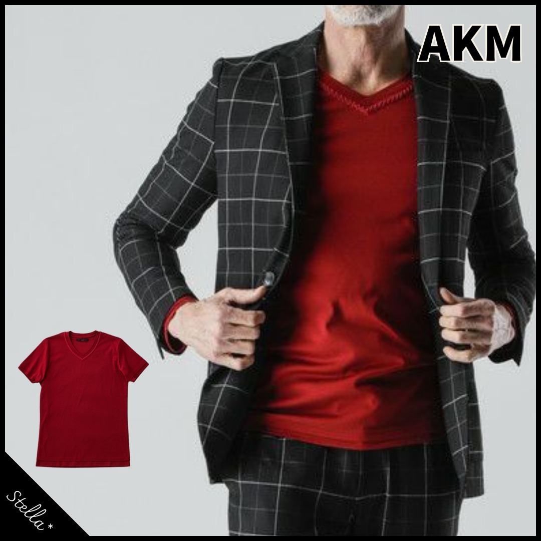 注目■AKM■大人気 S/S ハンドステッチ Vネック レッド 国内発送