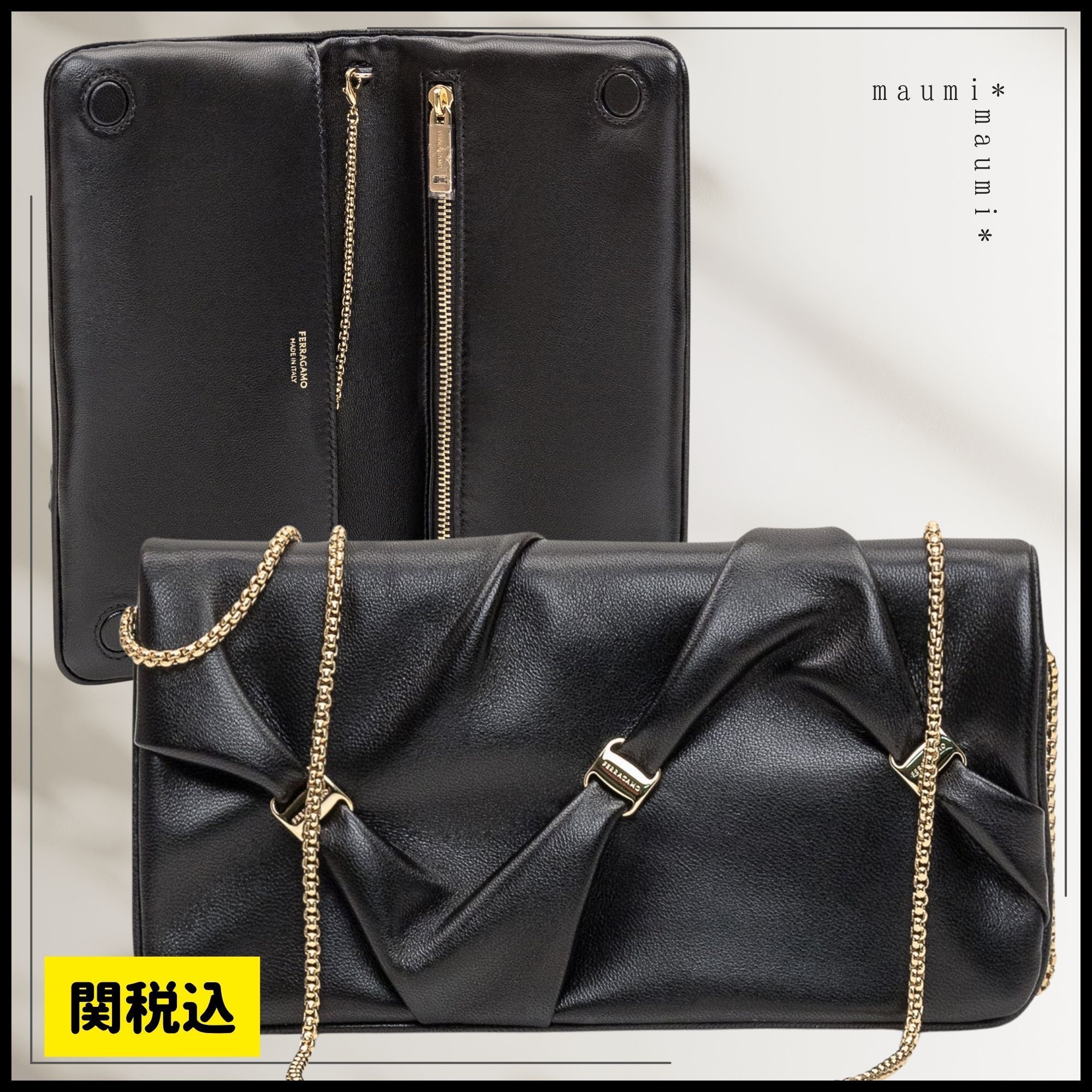 関税込み/FERRAGAMOフェラガモ チェーンストラップ付き 長財布