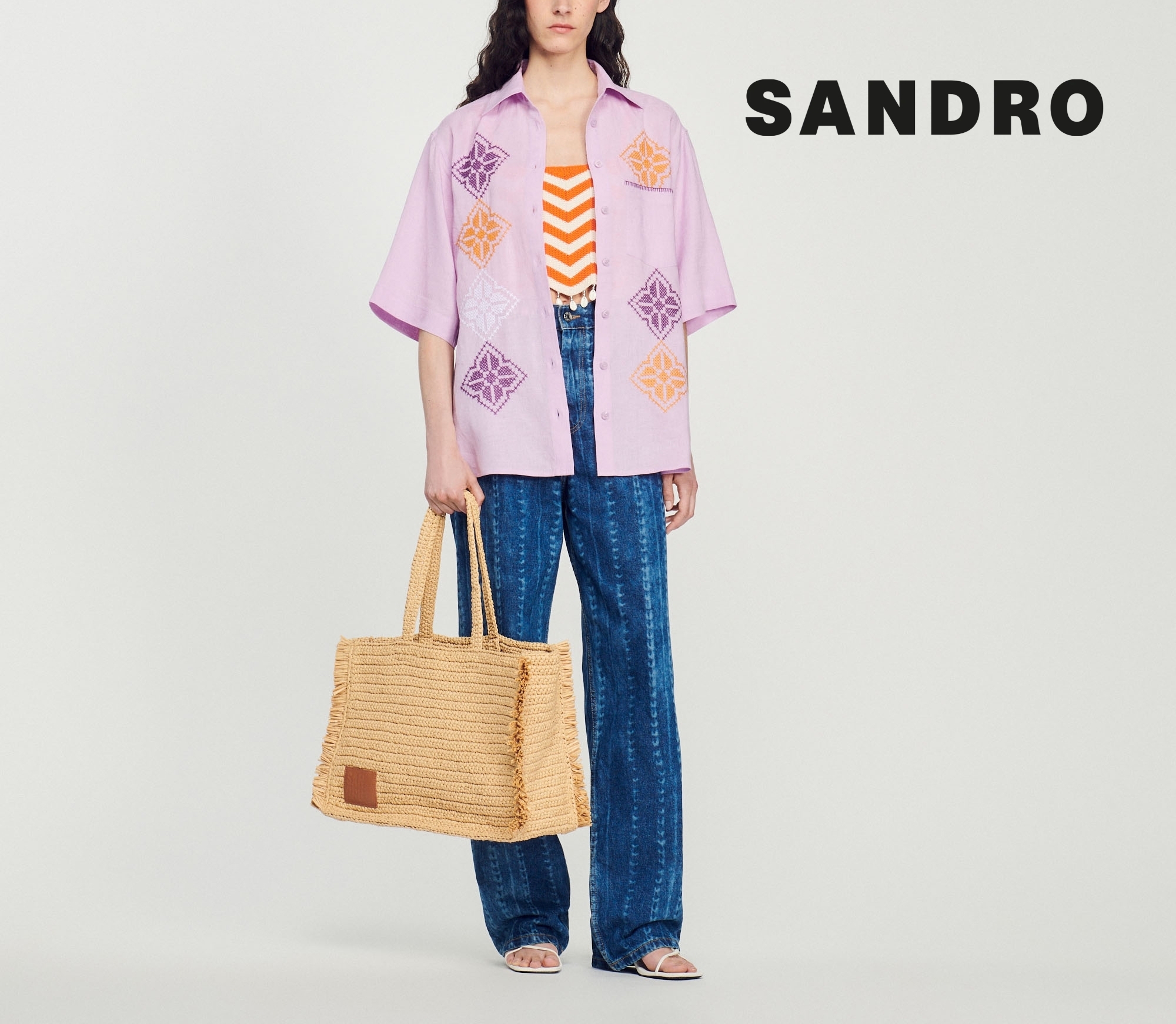 【SANDRO】ストローベージュ フリンジラフィアトートバッグ