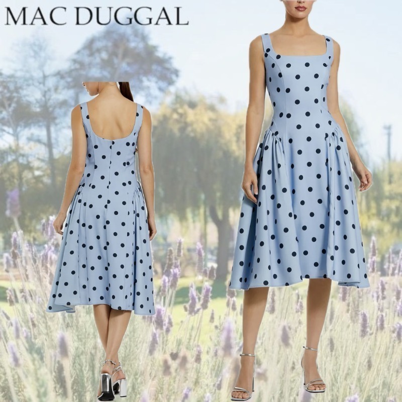 【Mac Duggal】スクエアネックポルカドット&フレアミディドレス
