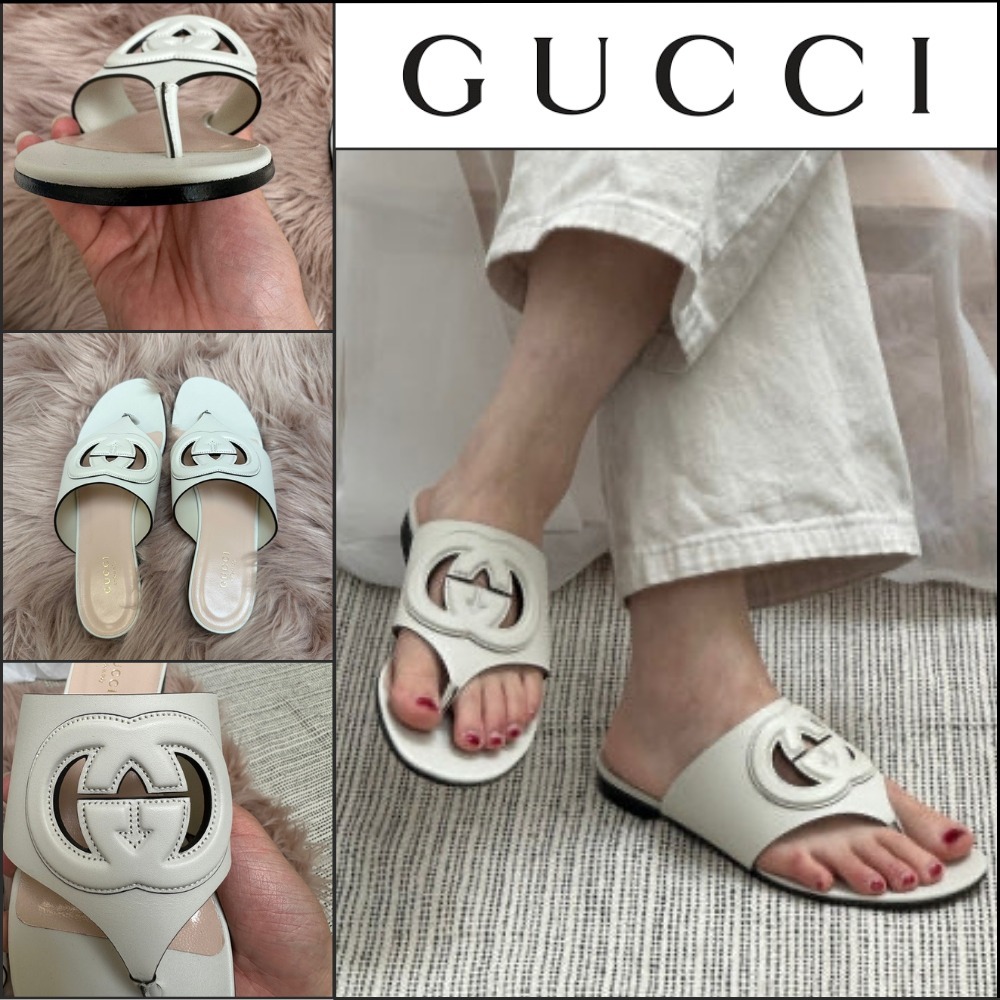 【GUCCI 】Interlocking G Cut-Out Flip-Flop Sandals WHITE