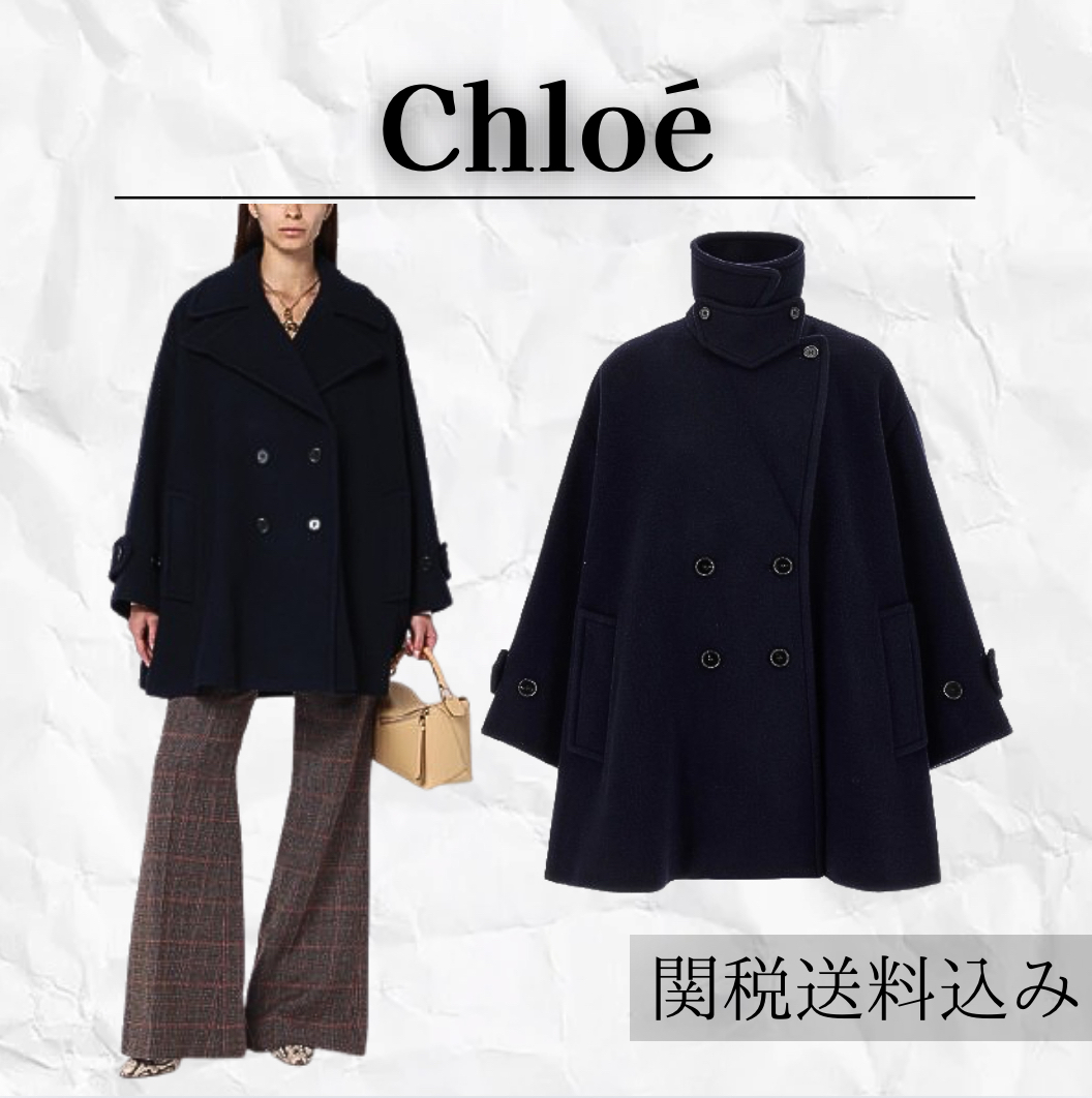 Chloe ウール ダブルブレスト コート ネイビー