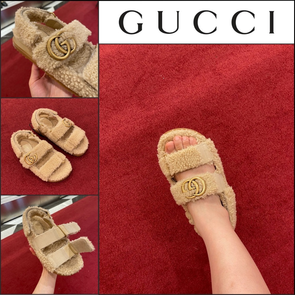 【GUCCI】Double G Logo Shearling Fur Strap Sandals BEIGE