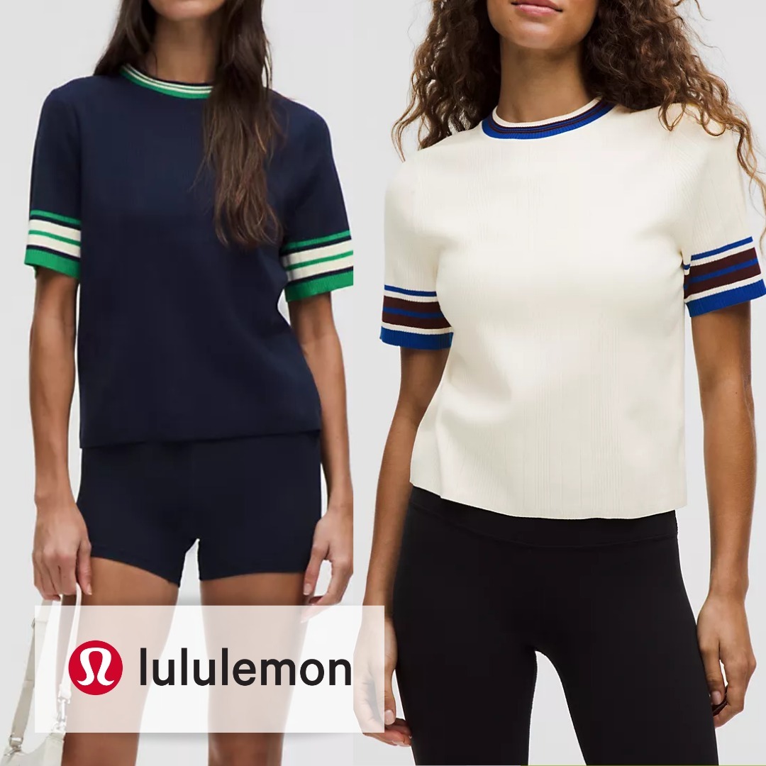 lululemon☆ストライプ☆リブ・コットン ニット☆半袖シャツ