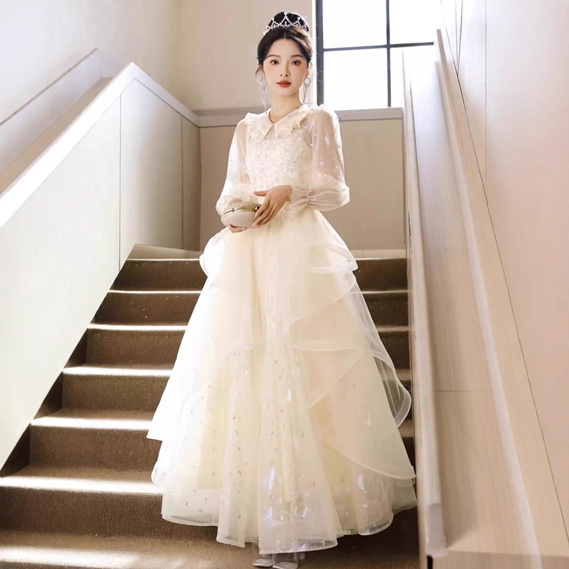 パーティードレス ホワイト 結婚式 フレア ロング ラメ 韓国