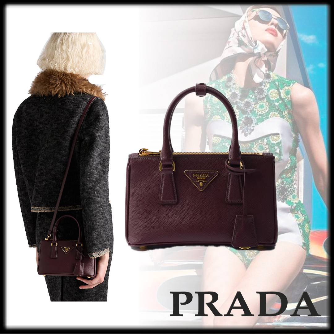 PRADA エレガント Galleria Saffianoレザー ミニバッグ BURGUNDY