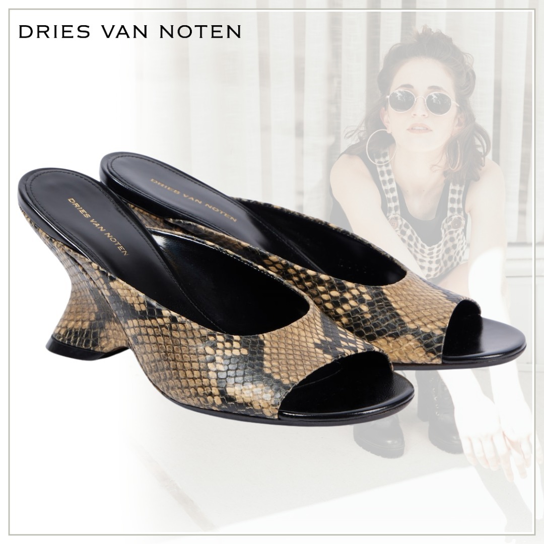 存在感絶大【Dries Van Noten】Snake-effect leather mules