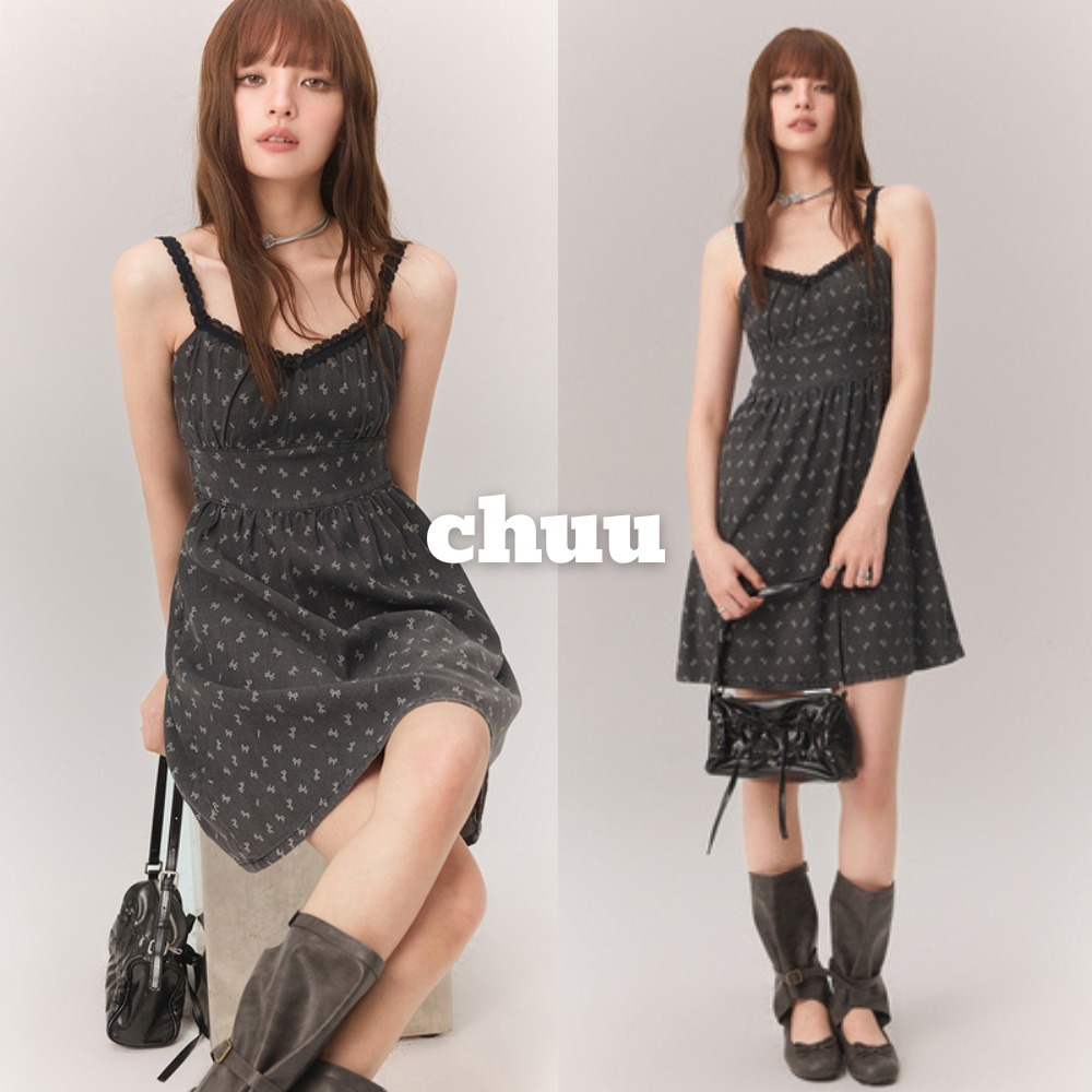 日本未入荷 CHUU★リボン柄レーストリムミニキャミワンピース