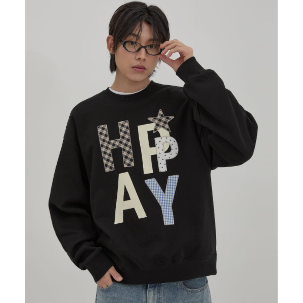 ★Wai Kei★ HAPPY Patchwork Man to Man Black YKBE01TS06-2