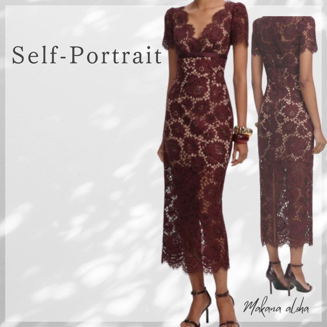 ◆関税込◆【Self-Portrait】Burgundy Floral Lace Midi Dress