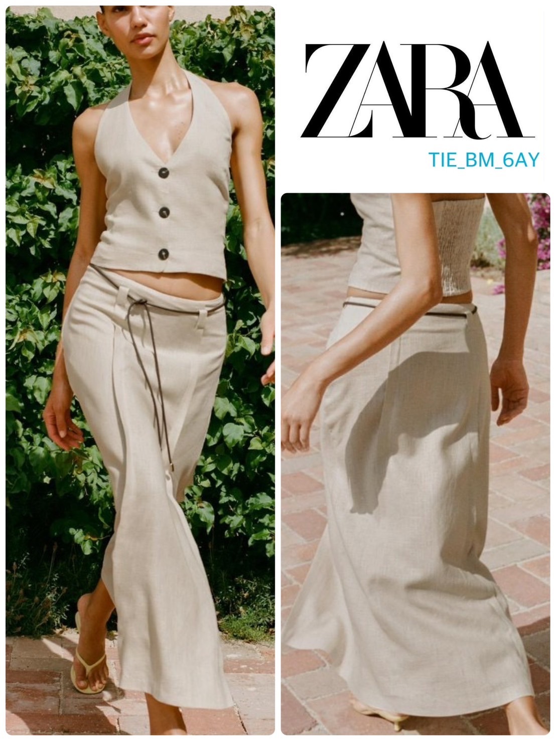 スペイン発送 ZARA リネンベルト付きミディスカート カジュアル