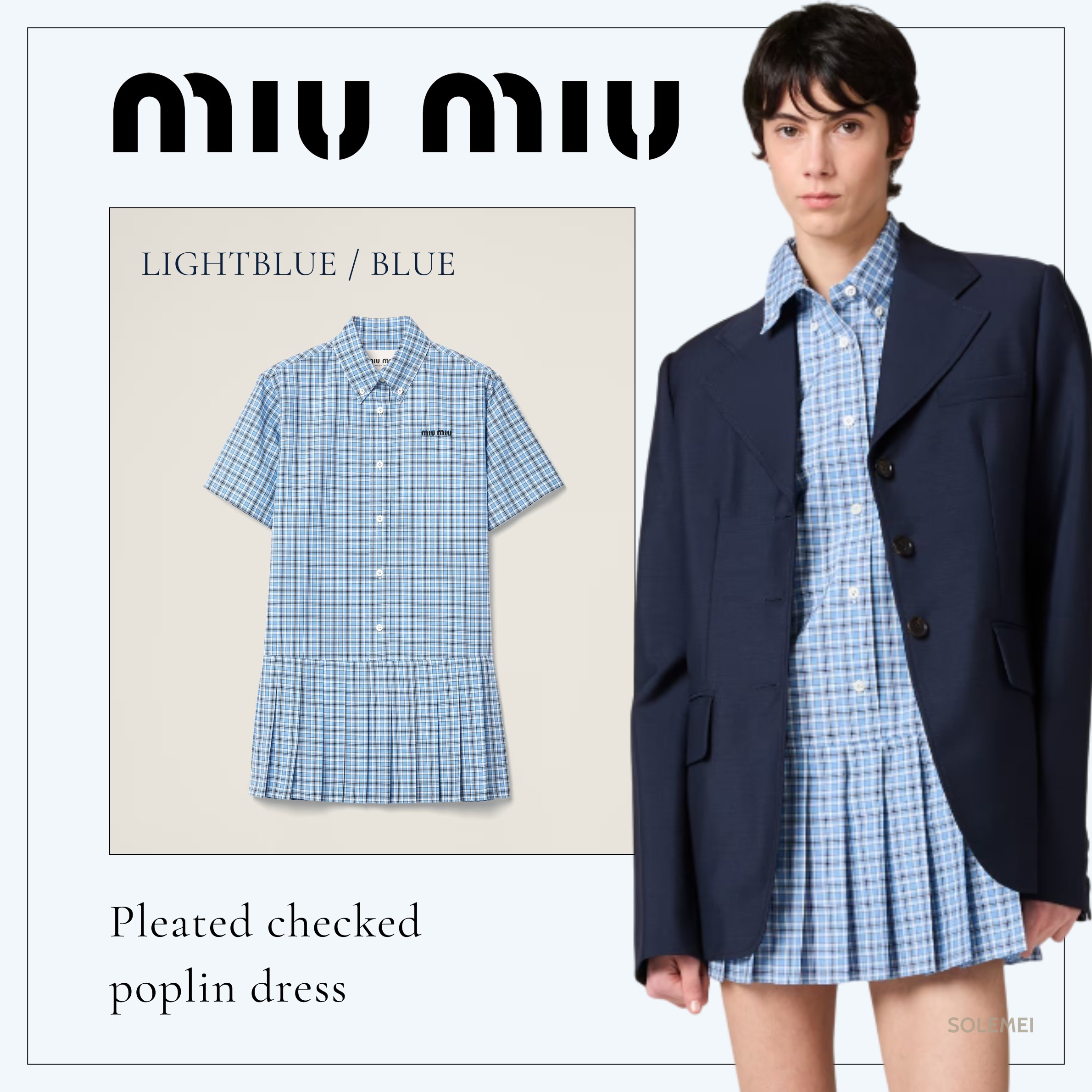 【関税・送料込】Miu Miu ポプリン プリーツワンピ チェック 青