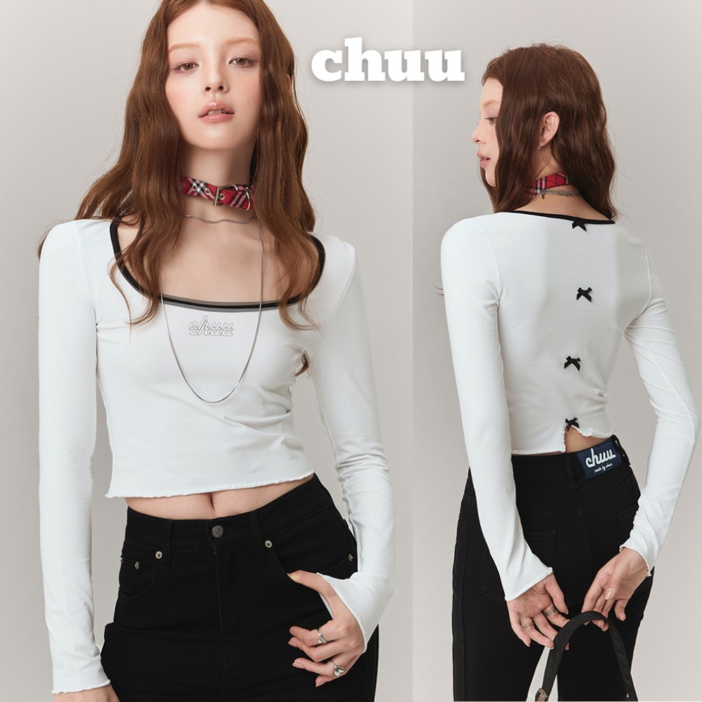日本未入荷 CHUU★バックリボンスリムロングスリーブTシャツ