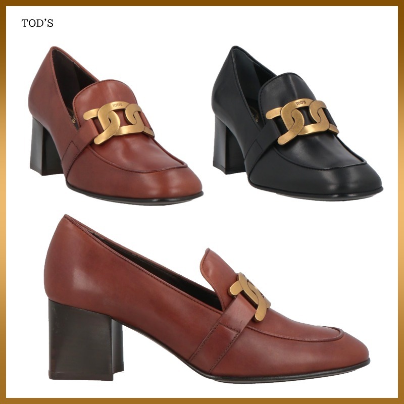 【TOD'S】モカシン ローファー レザー 無地 ロゴ スクエアヒール