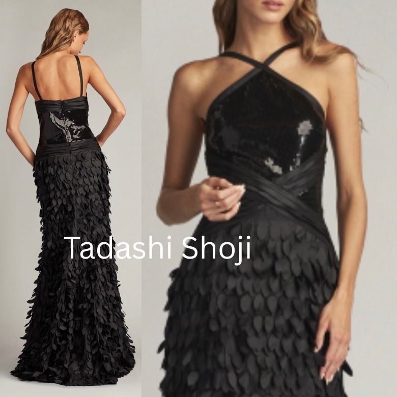 TADASHI SHOJI ホルターネック黒スパンコール ロングドレスParty