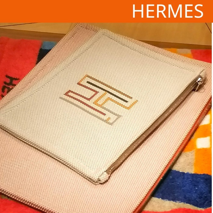 HERMES エルメス フラットポーチ 刺繍入り Hラビリンス 綿 PM