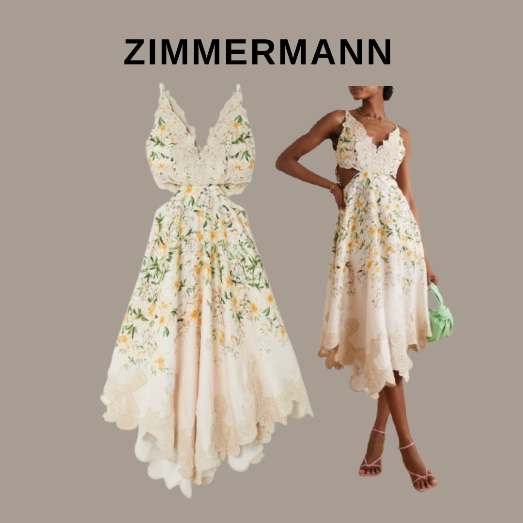 ZIMMERMANN ミディ丈ワンピース レースアップリケ付【関税なし】