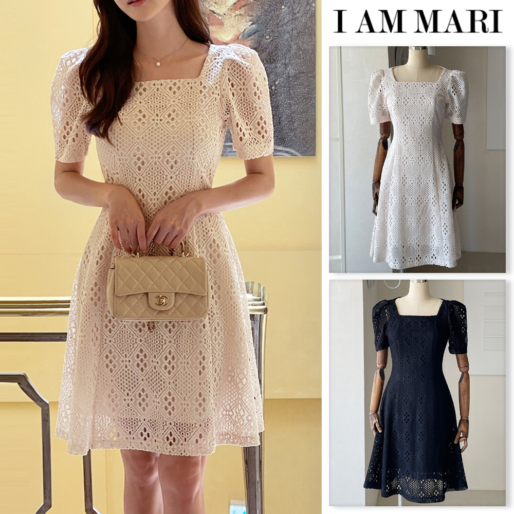 【I AM MARI】25SS★ Hush Puff Punching Lace Flare Mini OP